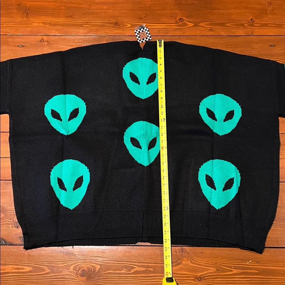 Dressed in LALA Black Cardigan with Neon Green Alien Heads - Picture 10 of 13
